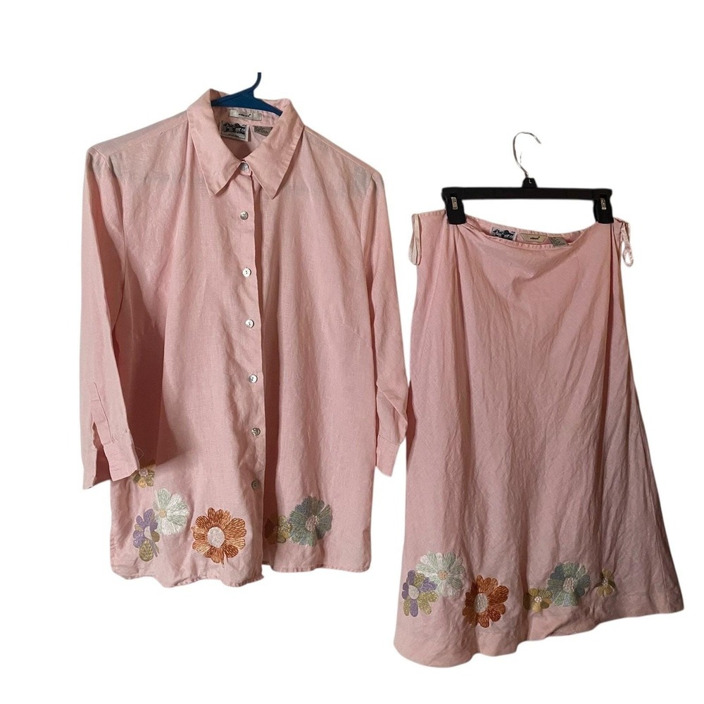Edward 100% Irish Linen Pink Floral Embroidered 2-Piece Skirt Set Size 12 - 32 W